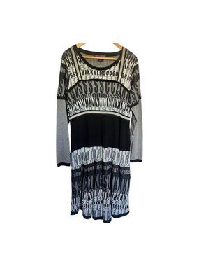 Elena Wang Sweater Dress Womens L Black Gray Long Sleeve Knit Text Print